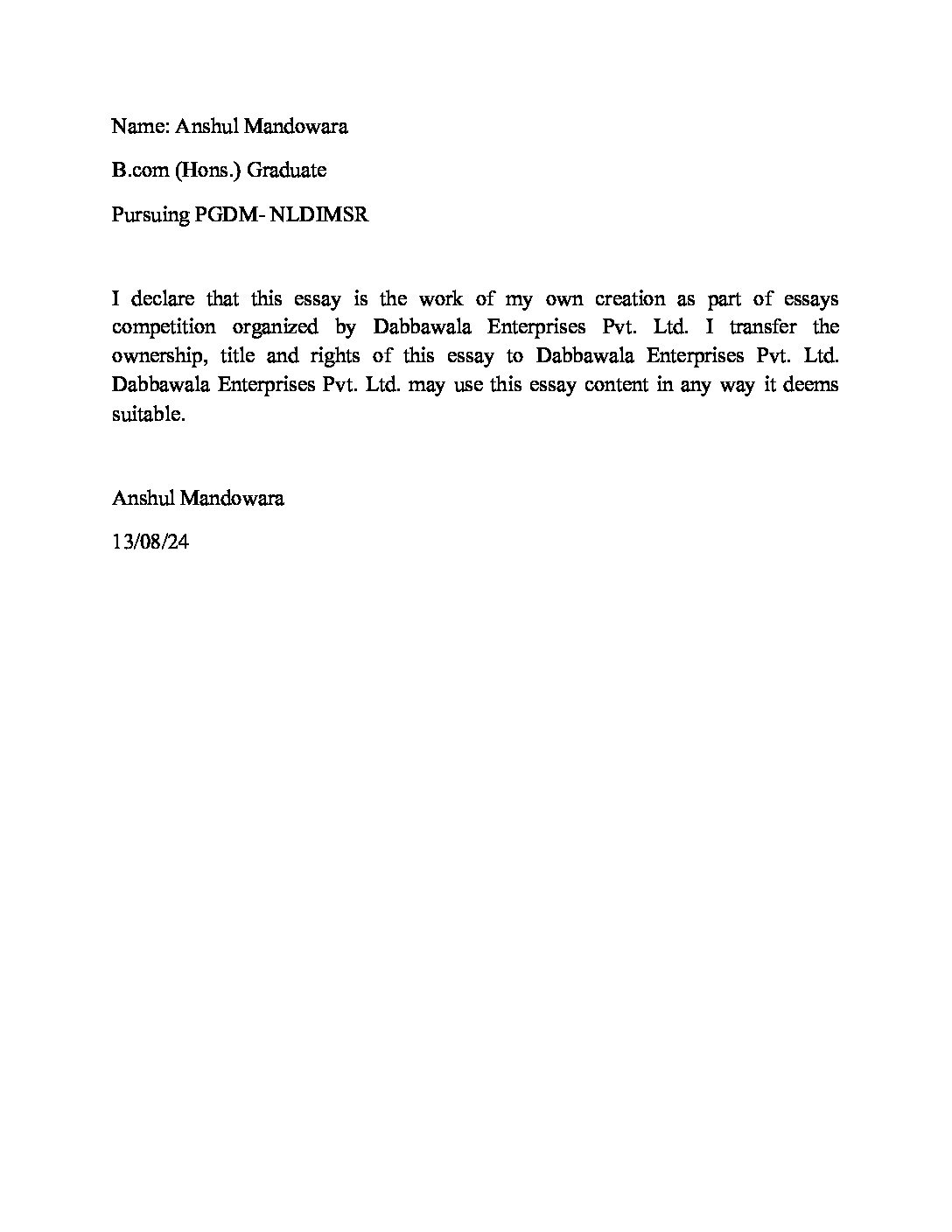 270-Anshul Mandowara-Dabbawala essay competition – Copy